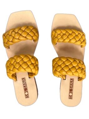 SOL SANA Yellow Braided Double Band Slip On Flat Slide Sandal Summer Chic